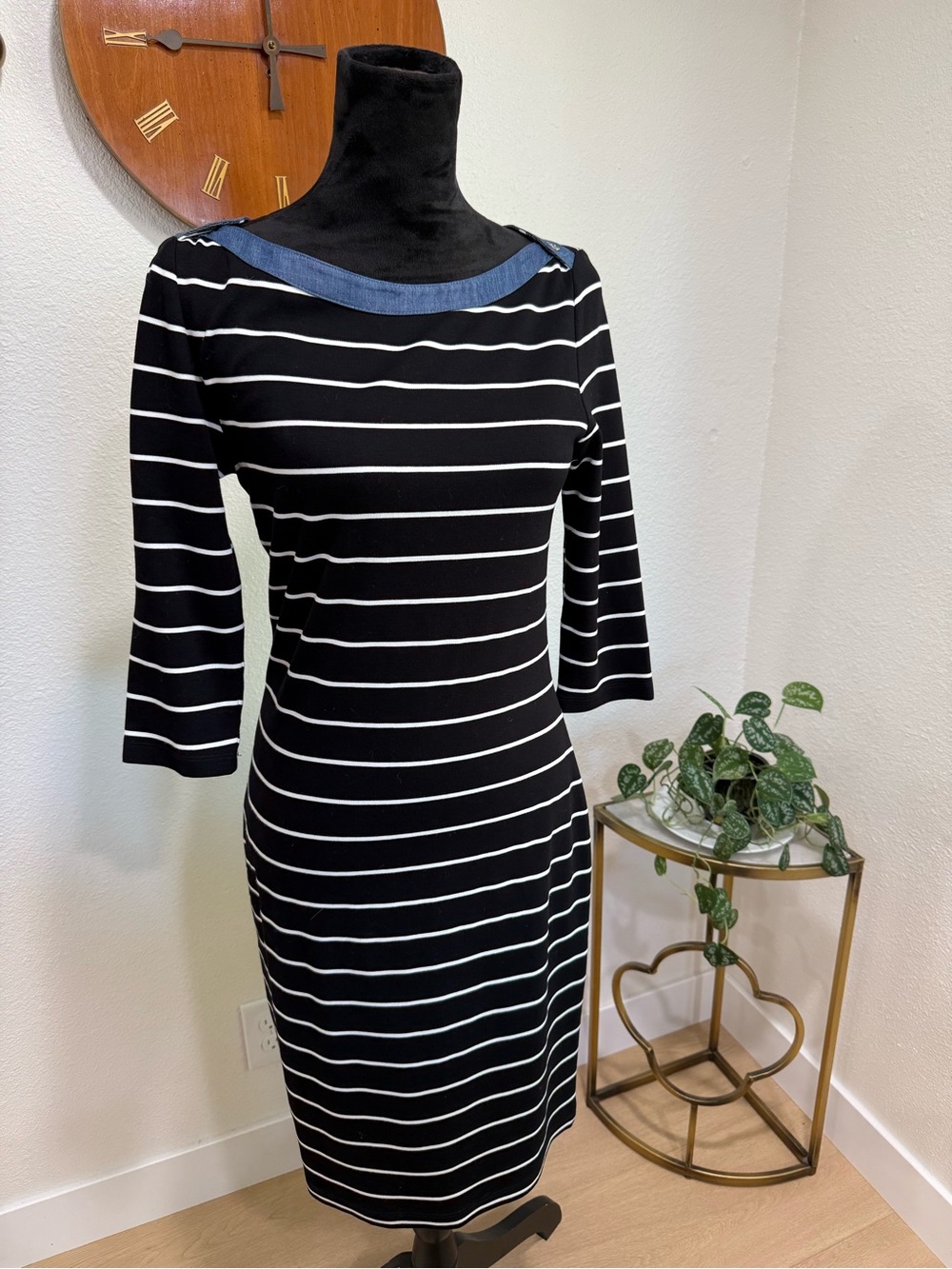 Tommy Hilfiger Striped Knit Dress Chambray Trim 3/4 Sleeve Size Small